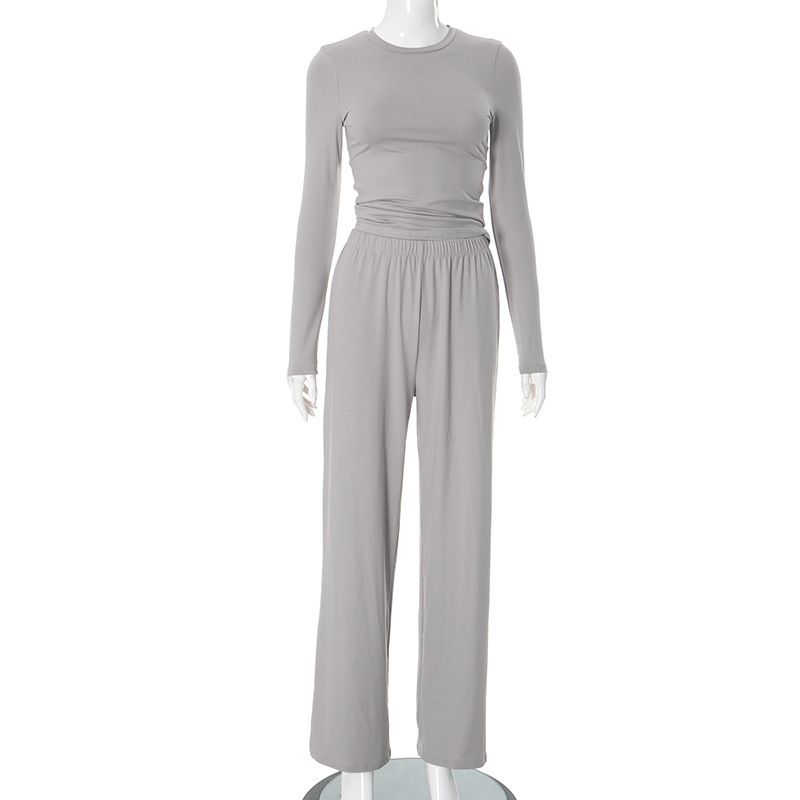 Suit European and American Leisure Women clothes New Solid Basic Comfortable Long sleeve Top Wide Leg Pants Two-piece Suit Women