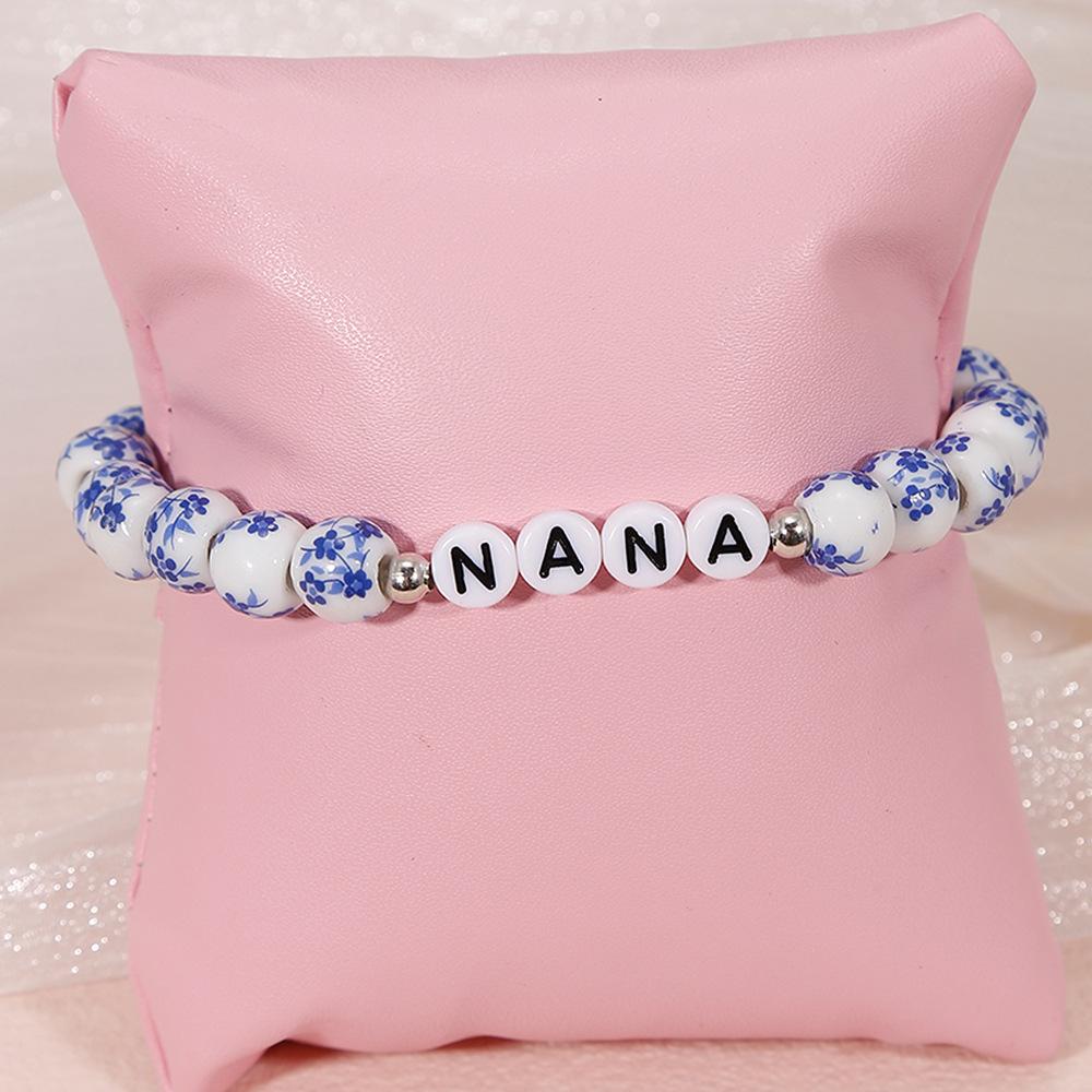 Porcelain Beaded Bracelet Gift - Blue & White Letter Design, Trendy Retro Style for NANA MAMA.