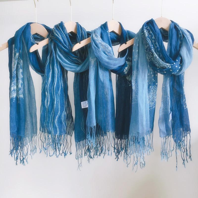 Printing Gradual Change Color Linen Batik Scarf Blue Versatile Ethnic Style Retro Silk Scarf Thin Light Breathable Yarn