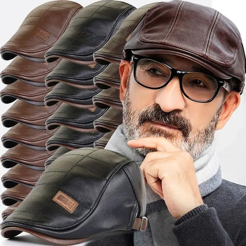 Men PU Leather Beret Higher Quality 2025 Autumn Winter Visor Flat Cap Warm Hat Berets Vintage England Newsboy Caps