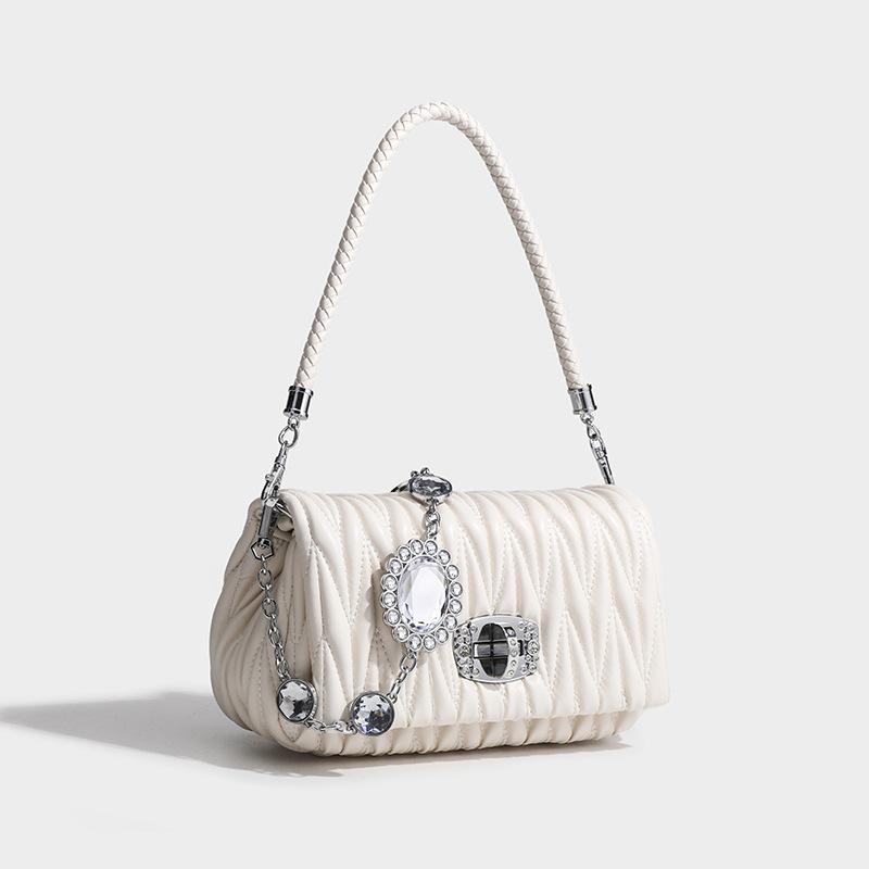 Leather Armpit Bag, New Korean Style Fashionable Crossbody Women's Bag, High-end Rhinestone Small Square Bag, Chain Bag, Pleated Bag