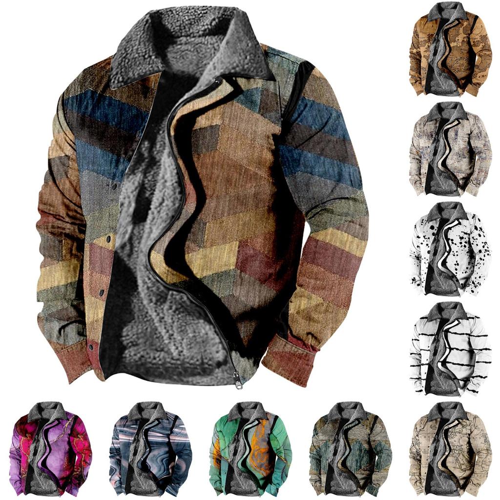 Pánský zimní halloweenský ležérní potisk s dlouhým rukávem na knoflík tlustý kabát