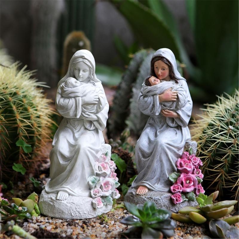 Artistic Religious Mother Son Statue Resins Figurine with LED Light Nursery Decors Mother Day Present For New Mom