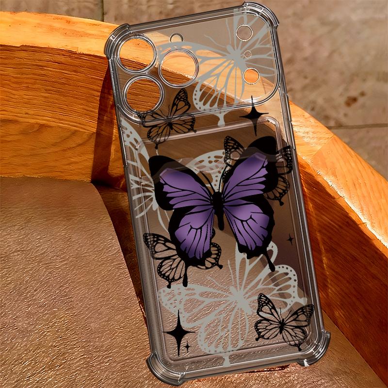 Purple Butterfly Pattern Clear Phone Case For iPhone 17 16 15 14 13 Pro Max 17 Pro Air 17e 16e 11 Shockproof Soft Card Bag Cover