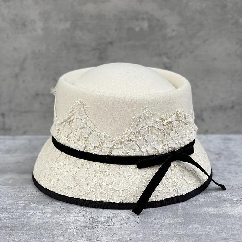 Japanese Retro Elegant Lace Concave Top Celebrity Style Woolen Bucket Hat Women'S Short Brim Basin Hat Felt Hat