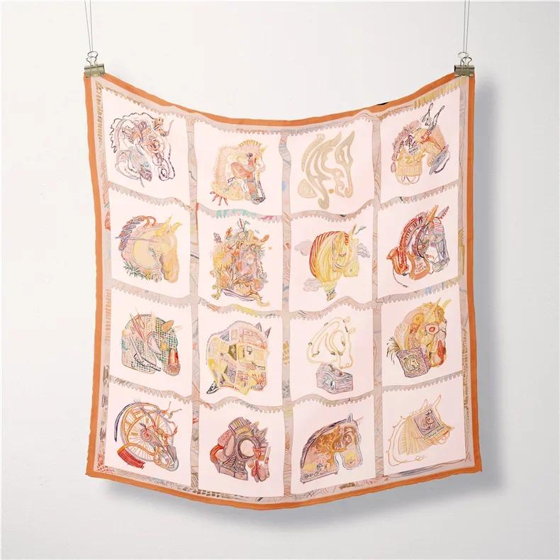 Luxury Horse Print Silk Square Scarf Women Spring Neck Tie Shawl Wraps Female Hair Hand Wrist Headkercheif Hijab Bandana
