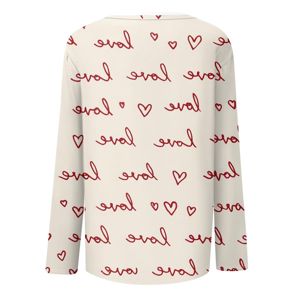 Women's Heart,shaped Printed Round,neck Loose Long,sleeved Top