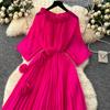 Spring Autumn Woman Dress New Flower Round Ne Seven-Quarter Sleeve Waist-Cinching Pleated Dresses for  Women Slimming Gown
