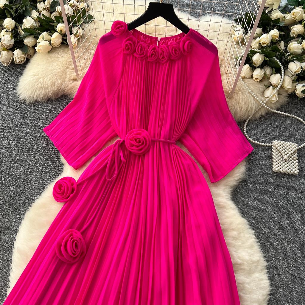 Spring Autumn Woman Dress New Flower Round Ne Seven-Quarter Sleeve Waist-Cinching Pleated Dresses for  Women Slimming Gown