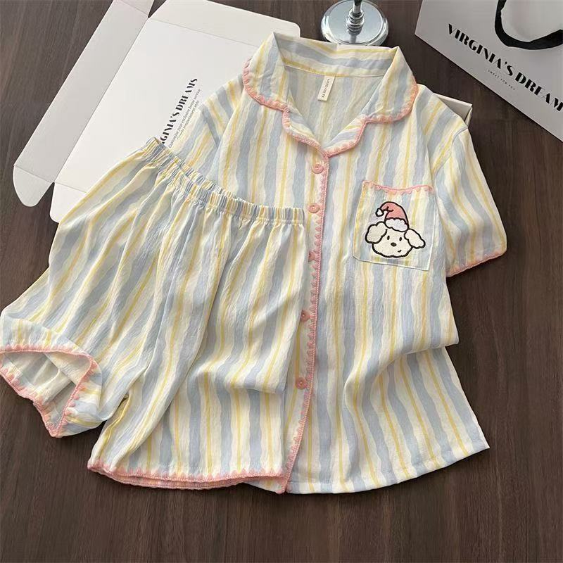 

Pajamas women s summer cotton and silk short-sleeved shorts cloud cotton cartoon ins Internet celebrity hat puppy loungewear two-piece set M