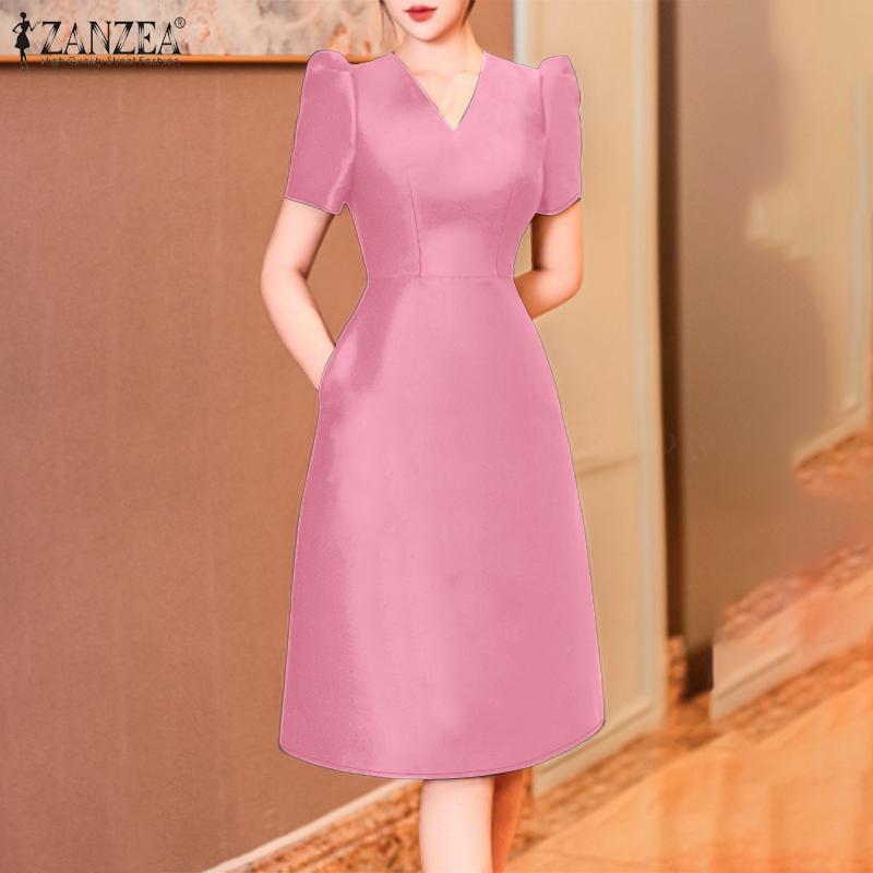 ZANZEA Women Summer V-Neck Short Sleeve Slim A-Line Dress