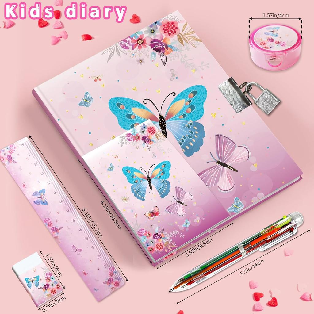 Butterfly Girls Diary with Lock, Set of Diary for Girls Incl. Kids Journal with Lock & Pen (6-Multicolor) Memo Ruler Sharpener Eraser Pink Girls