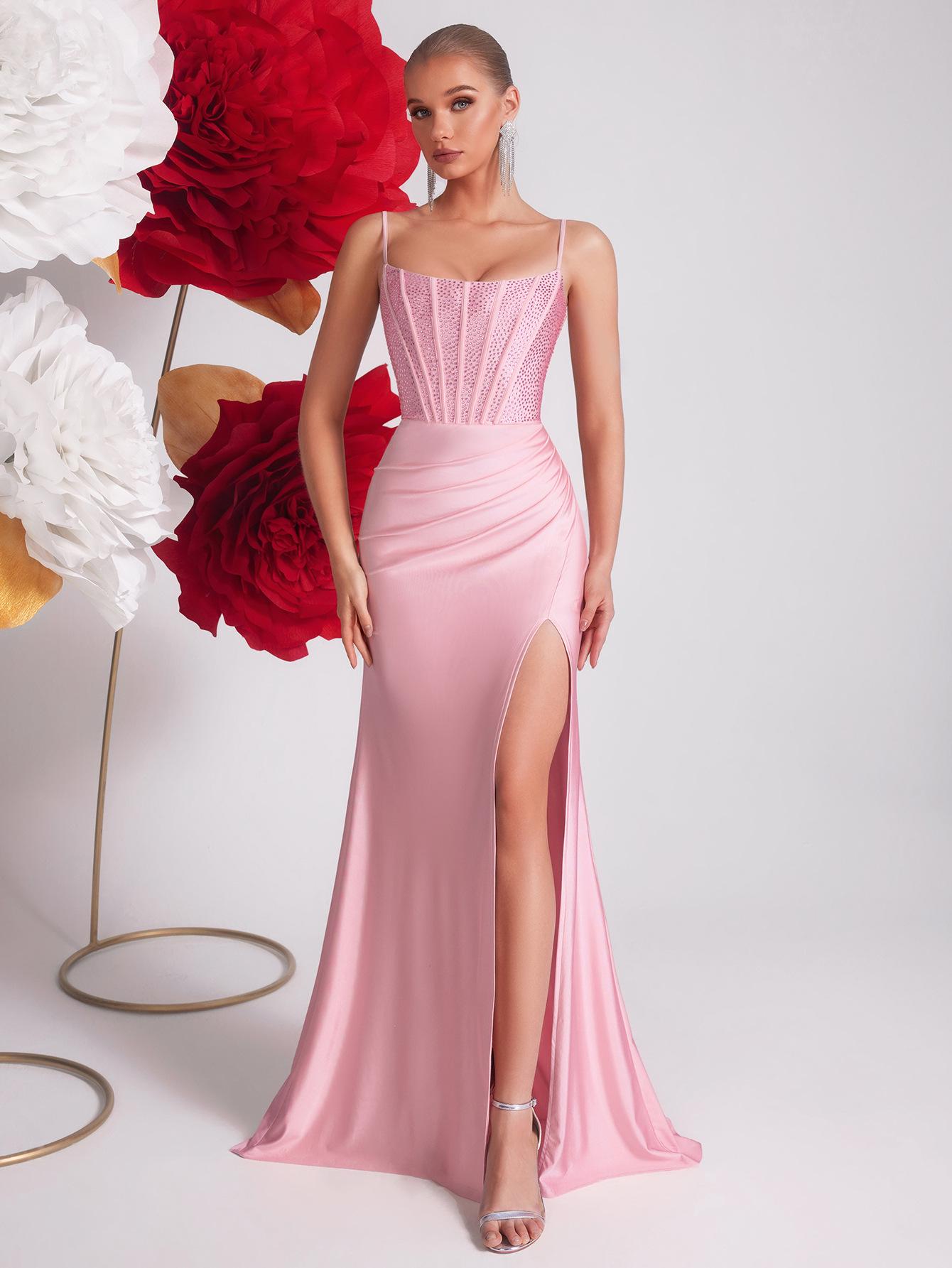 2026 Spring Pink Rhinestone Spaghetti Strap Mermaid Evening Gown M розовый