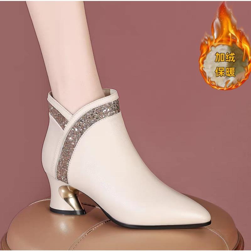 

Женские короткие ботинки на остром толстом каблуке, новинка осени и зимы, ботильоны с темпераментом на высоком каблуке, женские ботинки, кожаные ботинки на одинарном бархате для женщин 40