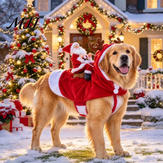 Pet Christmas Photo Props Santa Riding Dog Costume, Rider Outfit, Hooded Funny Holiday Costume for Winter Cosplay Small Medium Large Dogs, Xmas Party