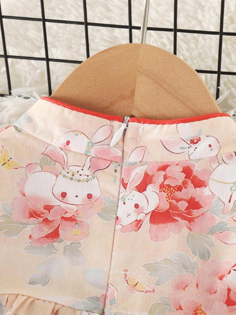 Baby Girl Summer Cheongsam Dress - Cartoon Rabbit & Floral Print