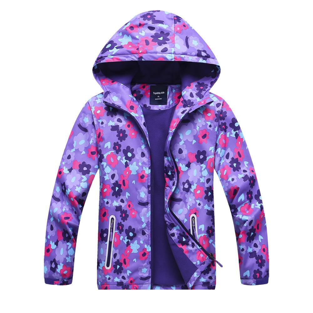 Girls' Candy Color Waterproof Windbreaker Jacket: Hooded, Breathable, Fleece-Lined, Printed.