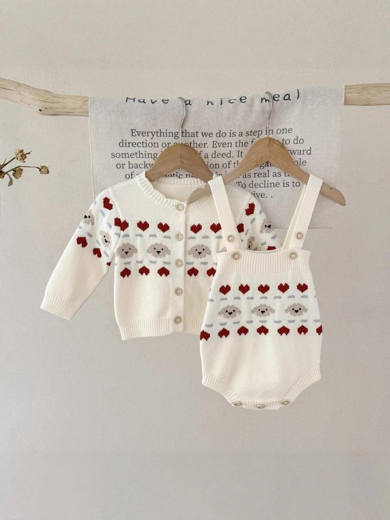Neuer Stil Baby-Body mit Hosenträgern & Jacke: Frühling/Herbst Jacquard Bär Herz Strickjacke Zweiteiler