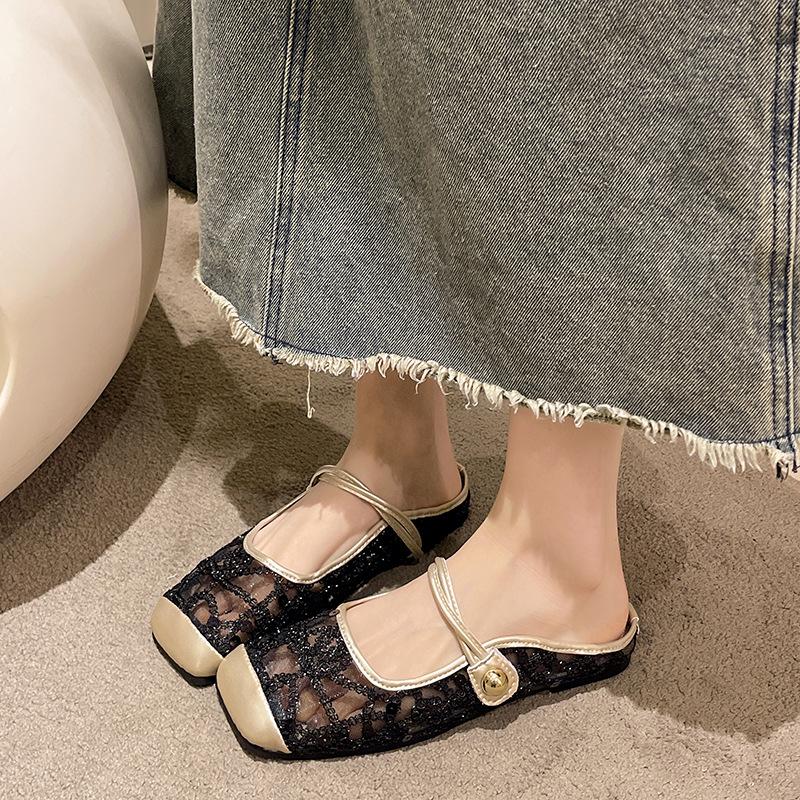 Flat Heel Bag Head Mary Jane Cool Slippers Women's New Sequined Mesh Temperament Sandals with Skirt Half Slippers