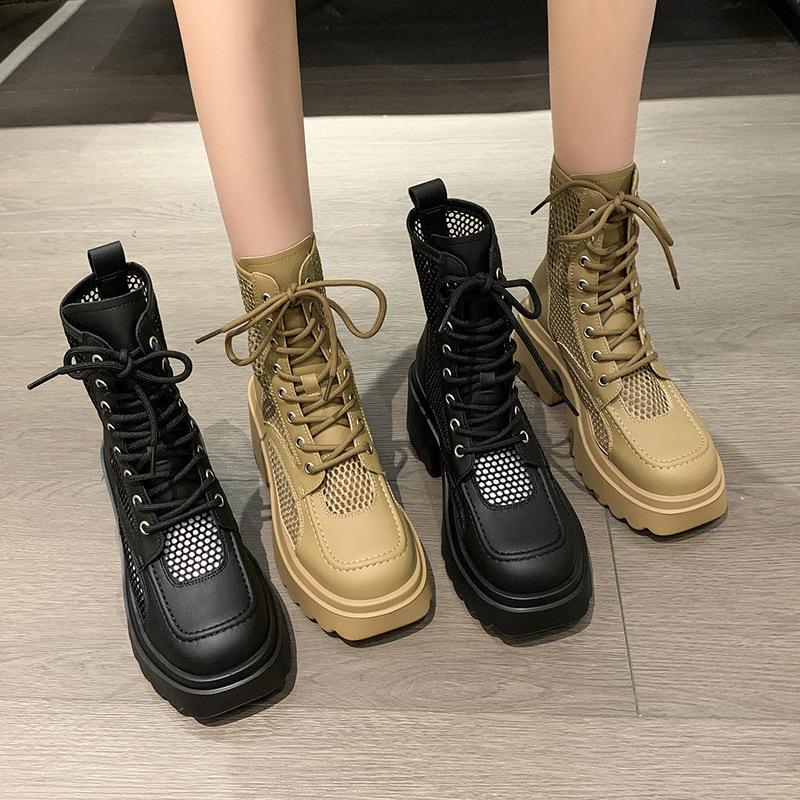 Short boots for women in spring and summer 2025 high heels mesh boots with thick soles height increasing mesh short boots