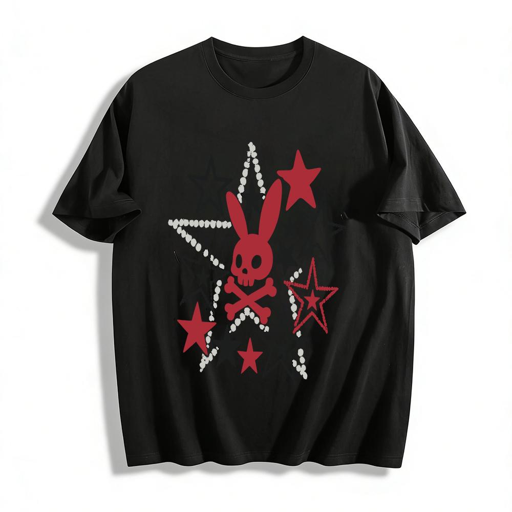 

Street Style Rabbit Skull Star Print T-shirt Cool Unisex Casual Crew Neck Top Pure cotton T-shirt 6XL