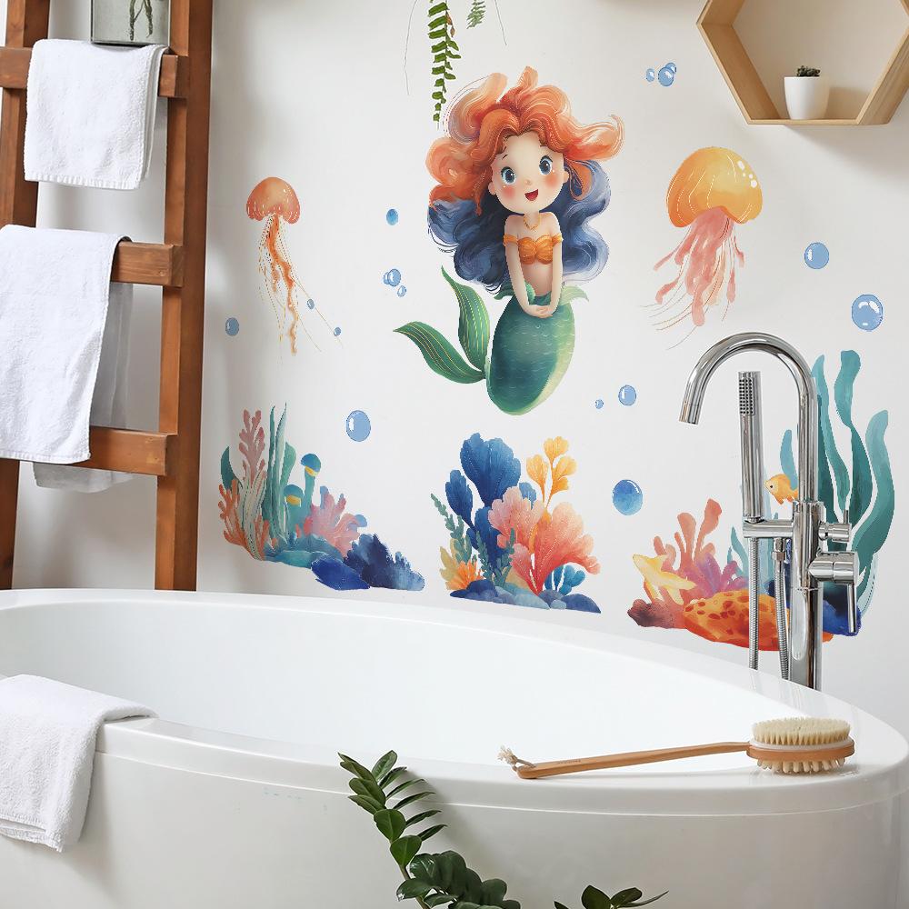 Cartoon Underwater Creatures and Mermaid Bathroom Home Decoration and Beautification Stickers
