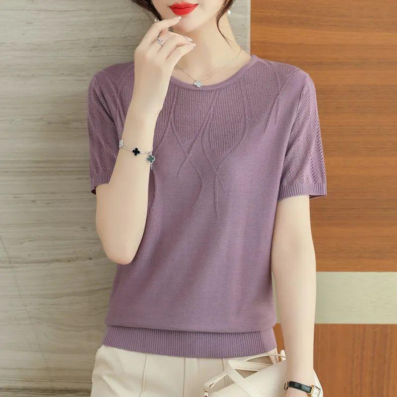 

Летняя женская трикотажная футболка Ice Silk, летний наряд для мам, тонкий ажурный трикотажный топ с коротким рукавом M фиолетовый