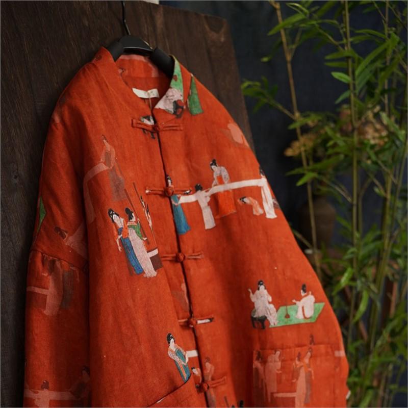 Johnature Women Vintage Stand Long Sleeve Coats Spring Chinese Style Print Floral Button Pockets Coats