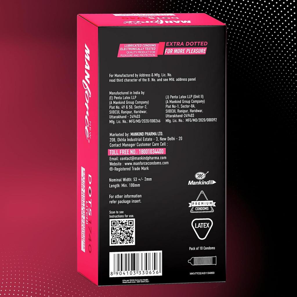 Manforce Litchi Flavoured Extra Dotted Condoms for Men | 10 Pcs | Lubricated Latex Condoms For Her Enhanced Pleasure