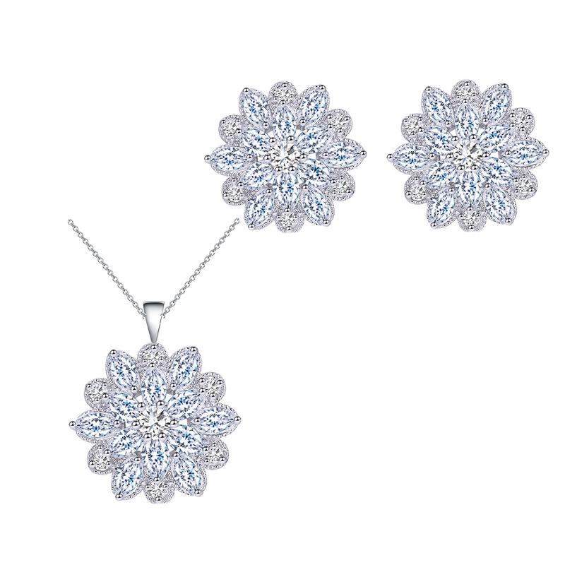 Pendentif Zircon Rose, Ensemble Deux Pièces Collier Chaîne Clavicule Boucles d'Oreilles Puces, Flocon de Neige.