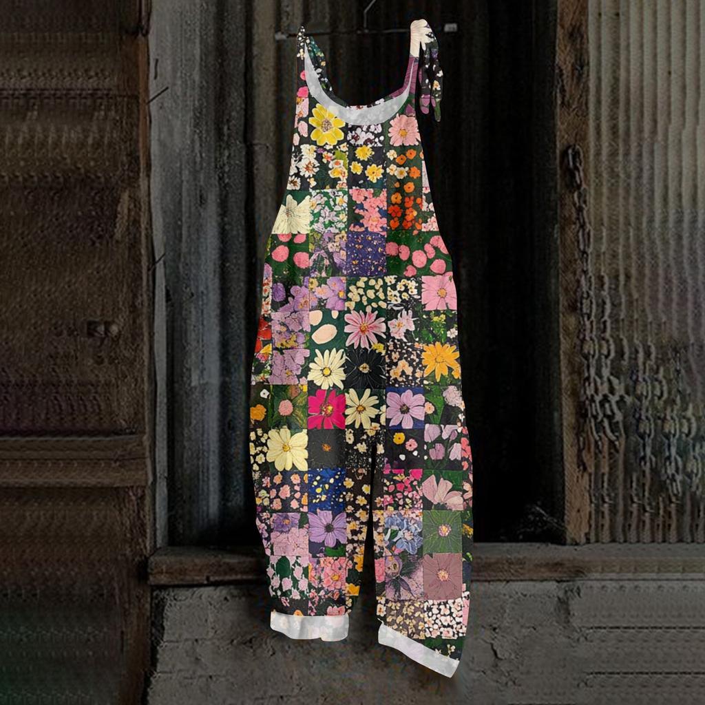 Women's Jumpsuit With Butterfly Print, Casual Loose And Retro Shoulder Straps, Cotton And Linen