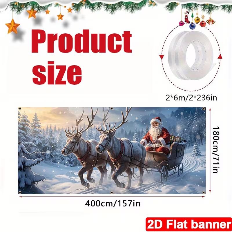 2D Winter Holiday Garage Cover, Santa's Sleigh Ride In Snow Photo Booth Background