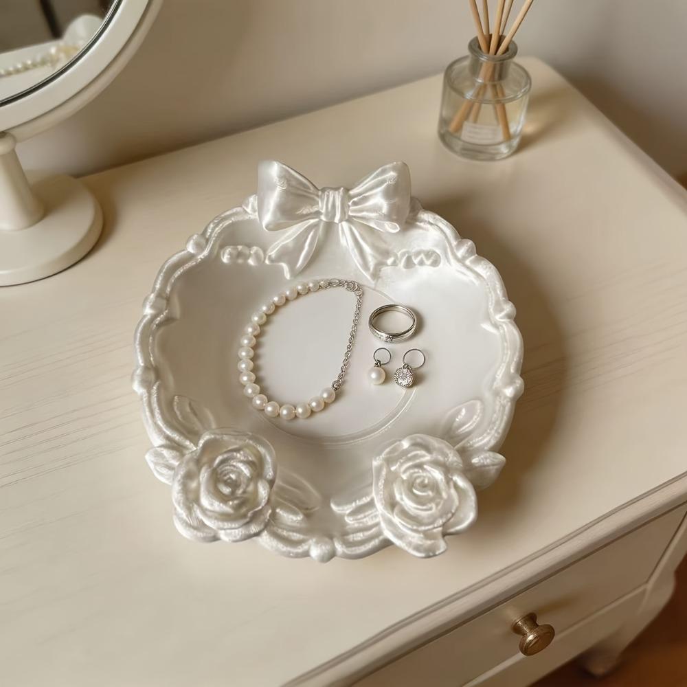 1PC Pearl White Bow Rose Tray, Retro Relief French Light Luxury Jewelry Storage Tray