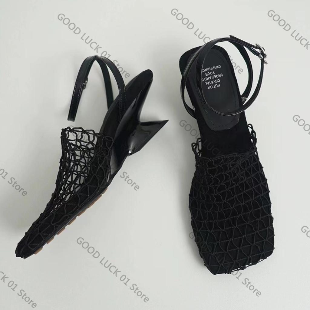Fashion Weave Mesh Women Heeled Sandals Hollow High Heels Shoes Woman Square Toe Slingback 2025 Summer Trend Beach Pumps Sandalias Mujer
