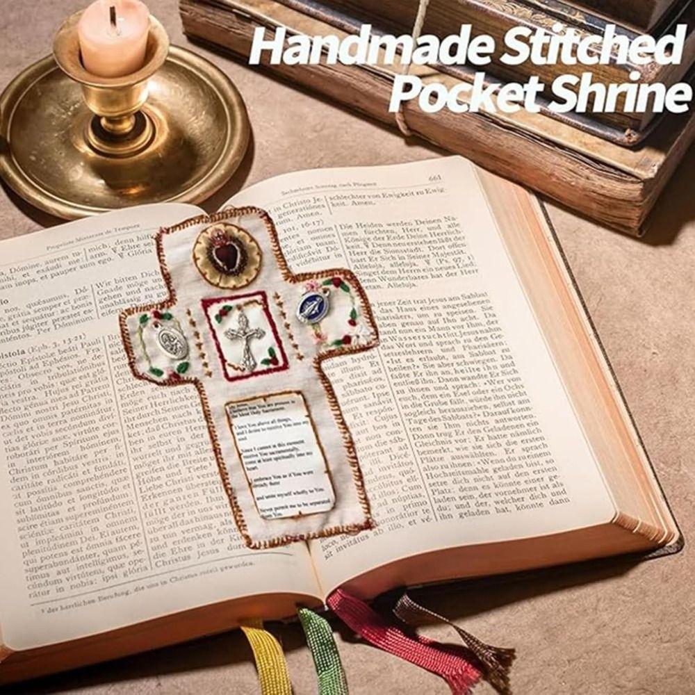 Cross Included Inside Pocket Shrine with Silver Handmade Sewing Accessories Mini Travel Shrine Pouch Stitched Pocket Shrine