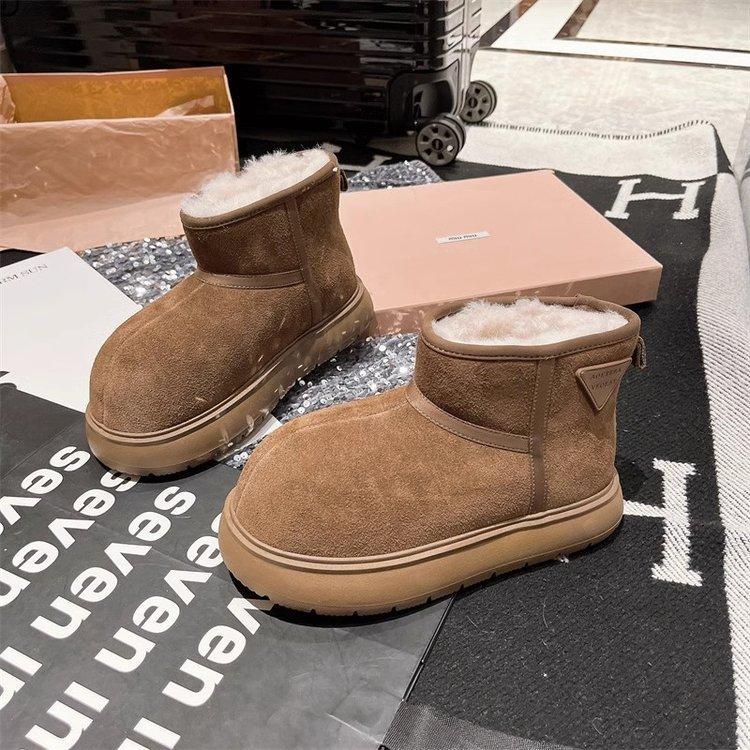 Soft leather version~ Snow boots women's 2025 winter new big head short boots triangular standard non-slip thickened thermal cotton shoes