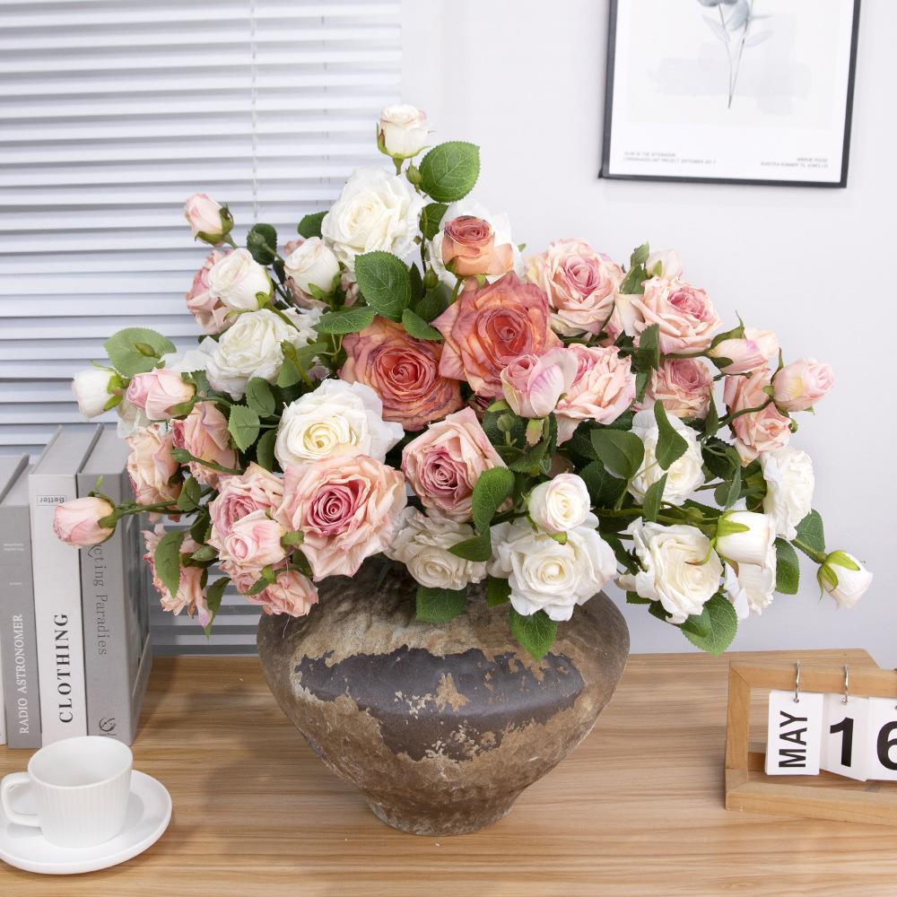 Simulated flowers with 3 heads of burnt roses, home decor, wedding photography props, vintage autumn colors, multi headed fake flowers