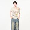 Super Good-looking Graffiti Letter Printing Slanted Shoulder Fake Two-piece Short-sleeved T-shirt Women's Summer New Off-the-shoulder Design Top