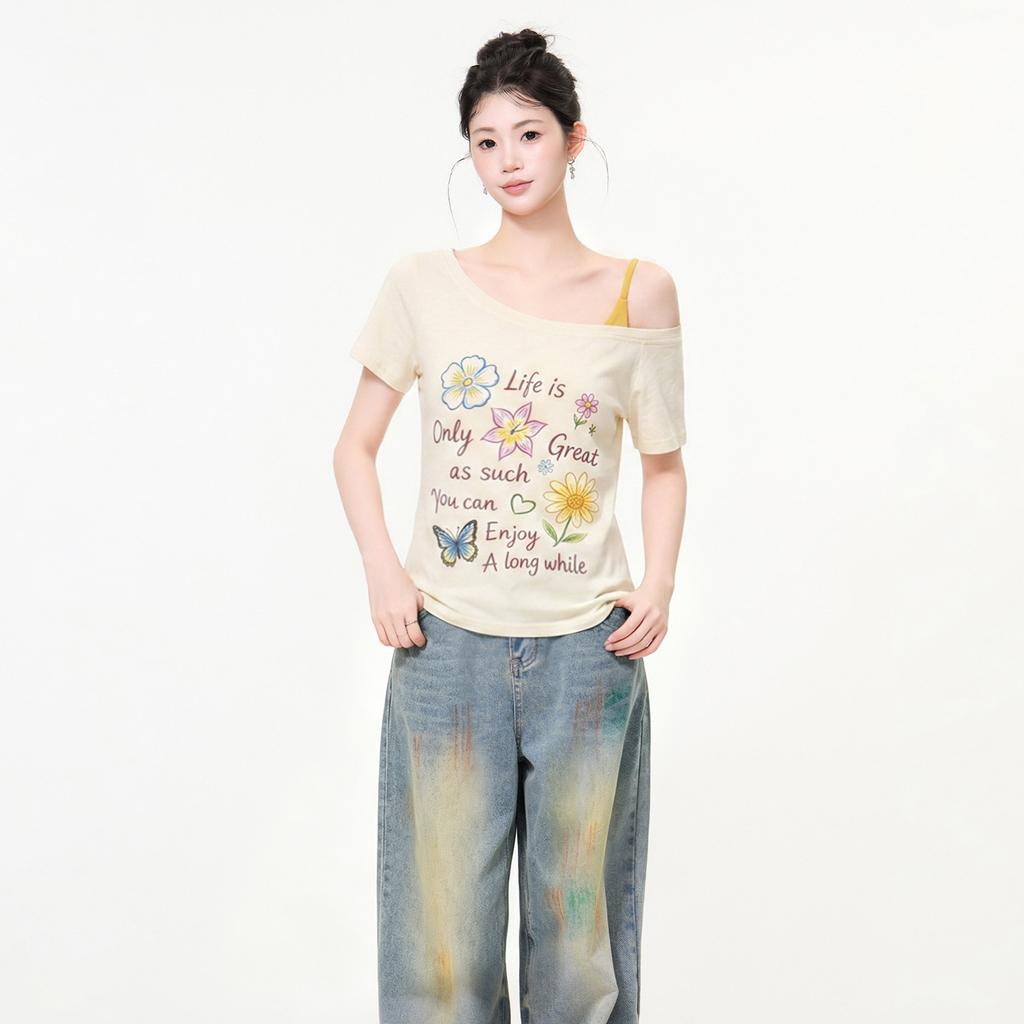 Super Good-looking Graffiti Letter Printing Slanted Shoulder Fake Two-piece Short-sleeved T-shirt Women's Summer New Off-the-shoulder Design Top