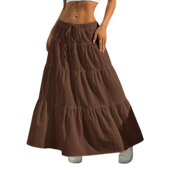 

Women Long Skirt Spring Summer Middle Waist A Line Flowy Swing Skirt Breathable Solid Color Elastic Waist Drawstring Pleated Casual Skirt XL темно-коричневого