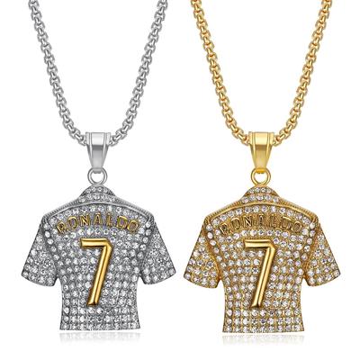 Hip Hop Ronaldo 7 Trikot Anhänger Halskette Vergoldeter Edelstahl Iced Out Fußballkette