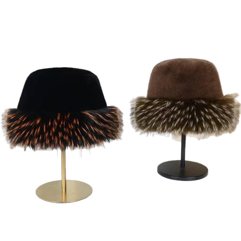 Flat Top Plush Hat with Colorful Faux Mink & Raccoon Fur - Thick & Warm for Fall/Winter