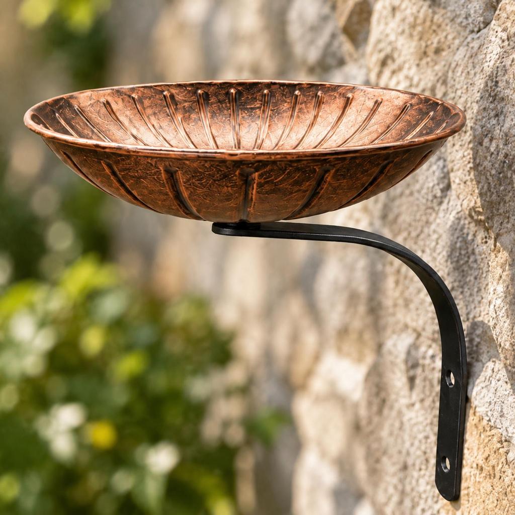 Fluted Round Birdbath Bowl with Wall Mount Raised Rim WallMounted Metal Bracket Sturdy
