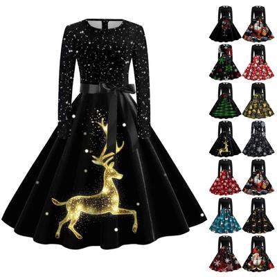 Women's Casual Fashion Long Sleeve Christmas Snowflake Printed Vintage Long Dresses
