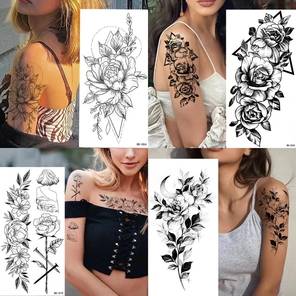 Adesivo Tatuaggio Temporaneo Impermeabile Fiori Rose Gigli Peonie Motivi Geometrici Body Art Braccio Tatuaggi Finti Manica Donna Uomo