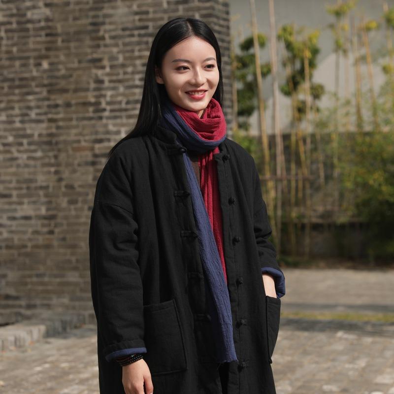 25 Winter New Cotton and Linen Women's Clothing Chinese Retro Sand Wash Stand-up Collar Buckle Ramie Long Cotton Clothes Women's Cotton Clothes
