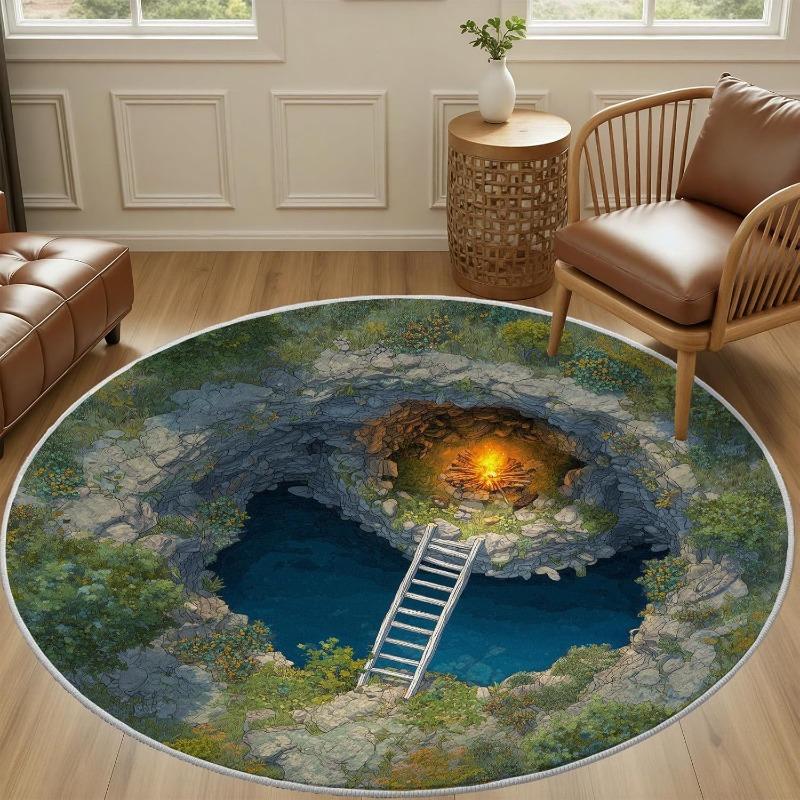 3D Optical Illusions Cave Landscape Rug Forest Mossy Wooden Ladder Print Circular Carpet Fantasy Nature Home Decor Non-Slip Ma