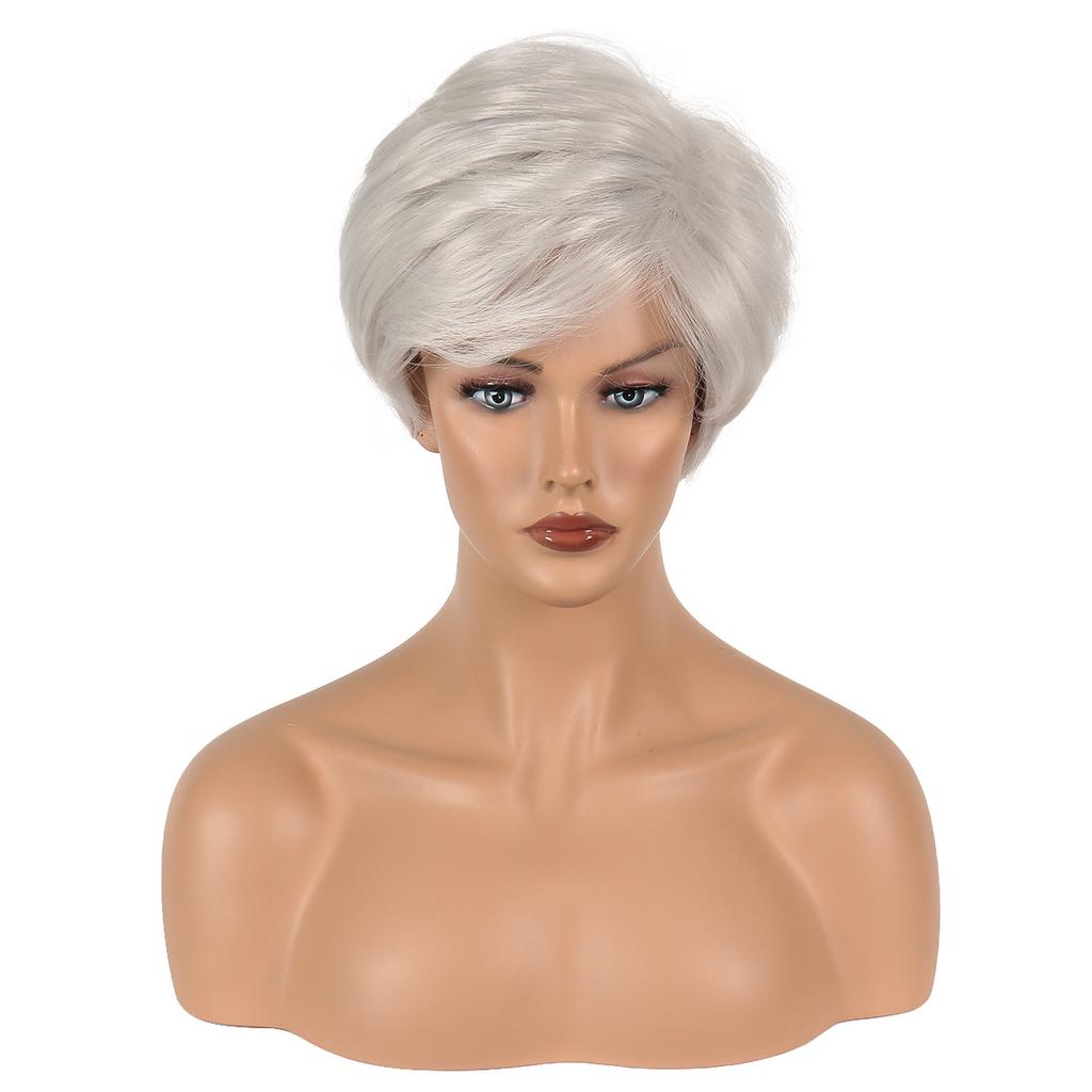 European and American Style Middle Aged and Older Women's Daily Use Natural Looking Synthetic Fiber Silver Gray Short Straight Wig