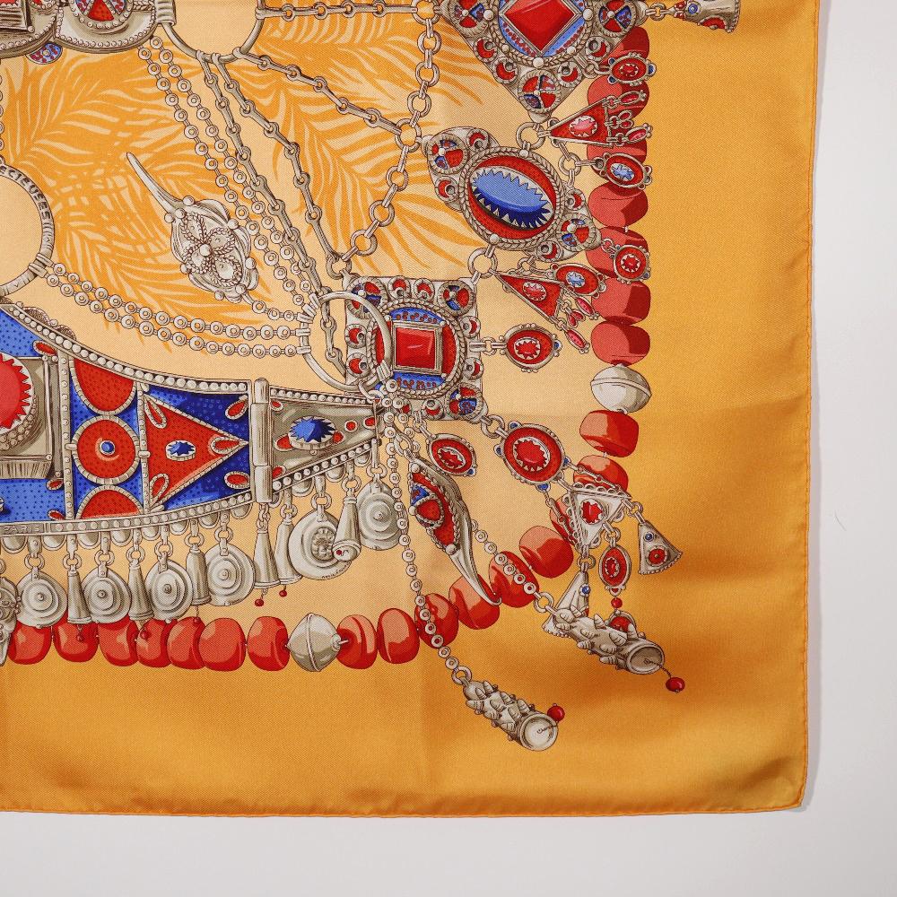 HERMES Carree90 scarf TERRES PRECIEUSES Orange/Blue / beige silk Women Used