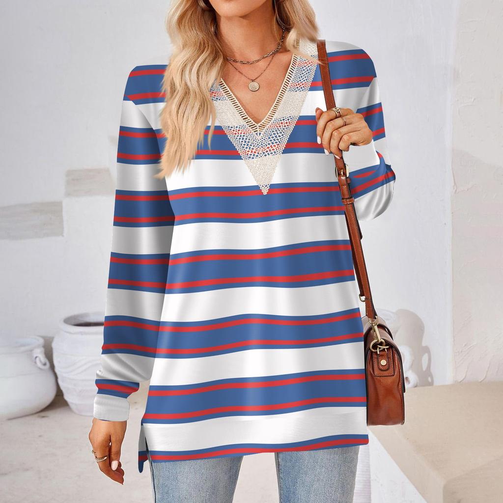 Womens Tops Loose V-neck Contrast Color Split Loose Long Sleeve T-shirt Women's Tops